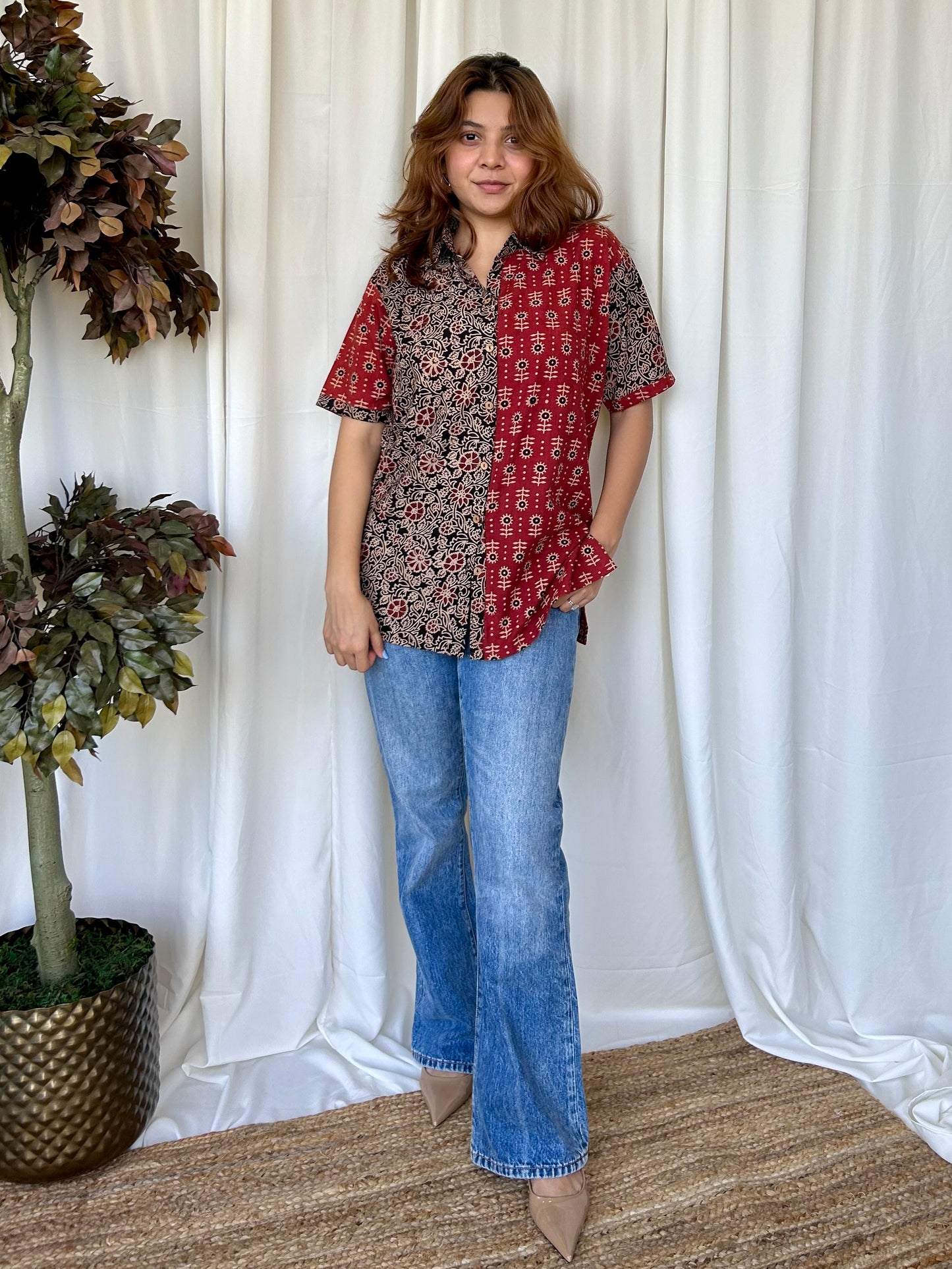 Red Ajrakh Relaxed Cotton Shirt - Desi Hart