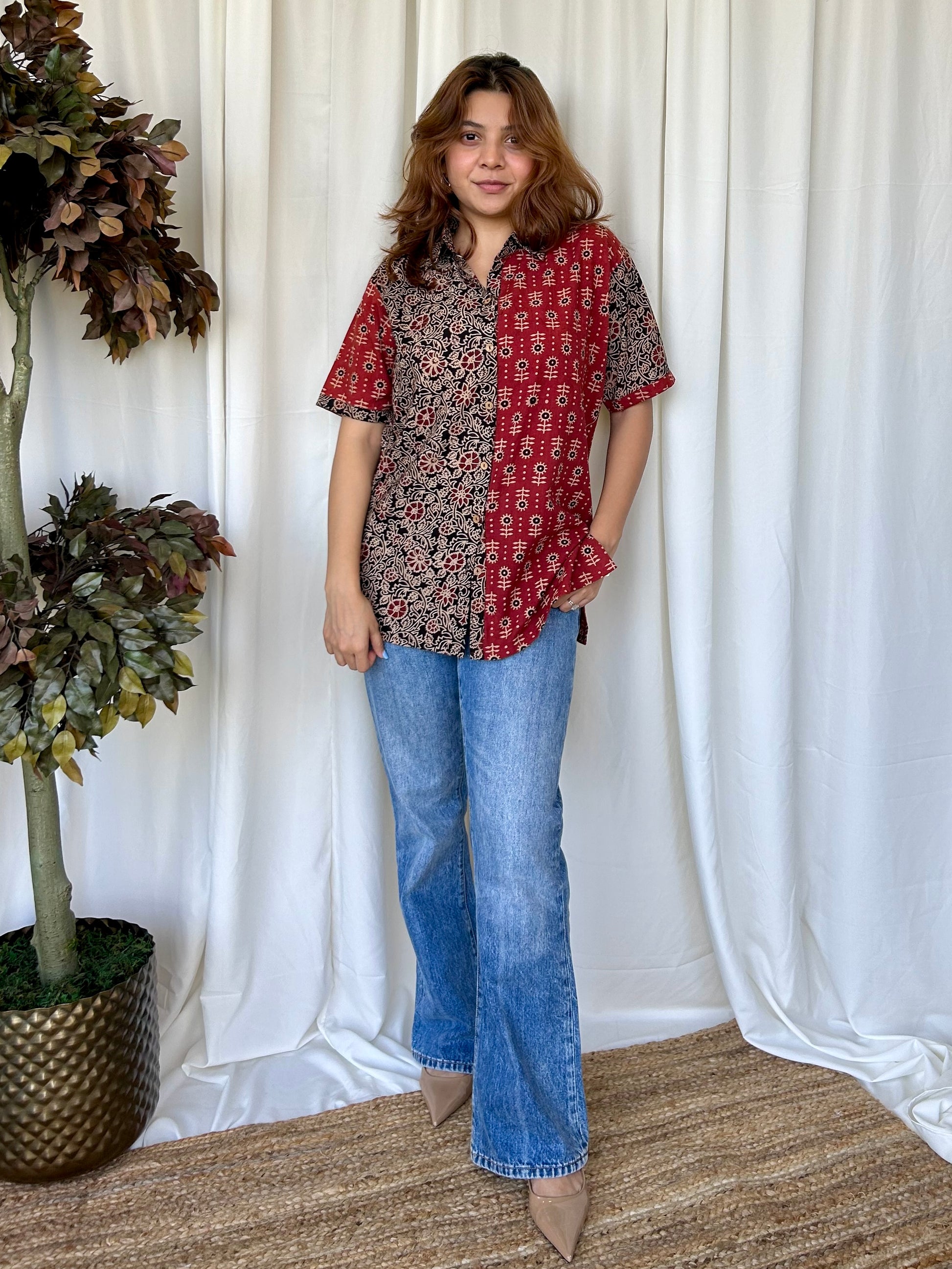 Red Ajrakh Relaxed Cotton Shirt - Desi Hart