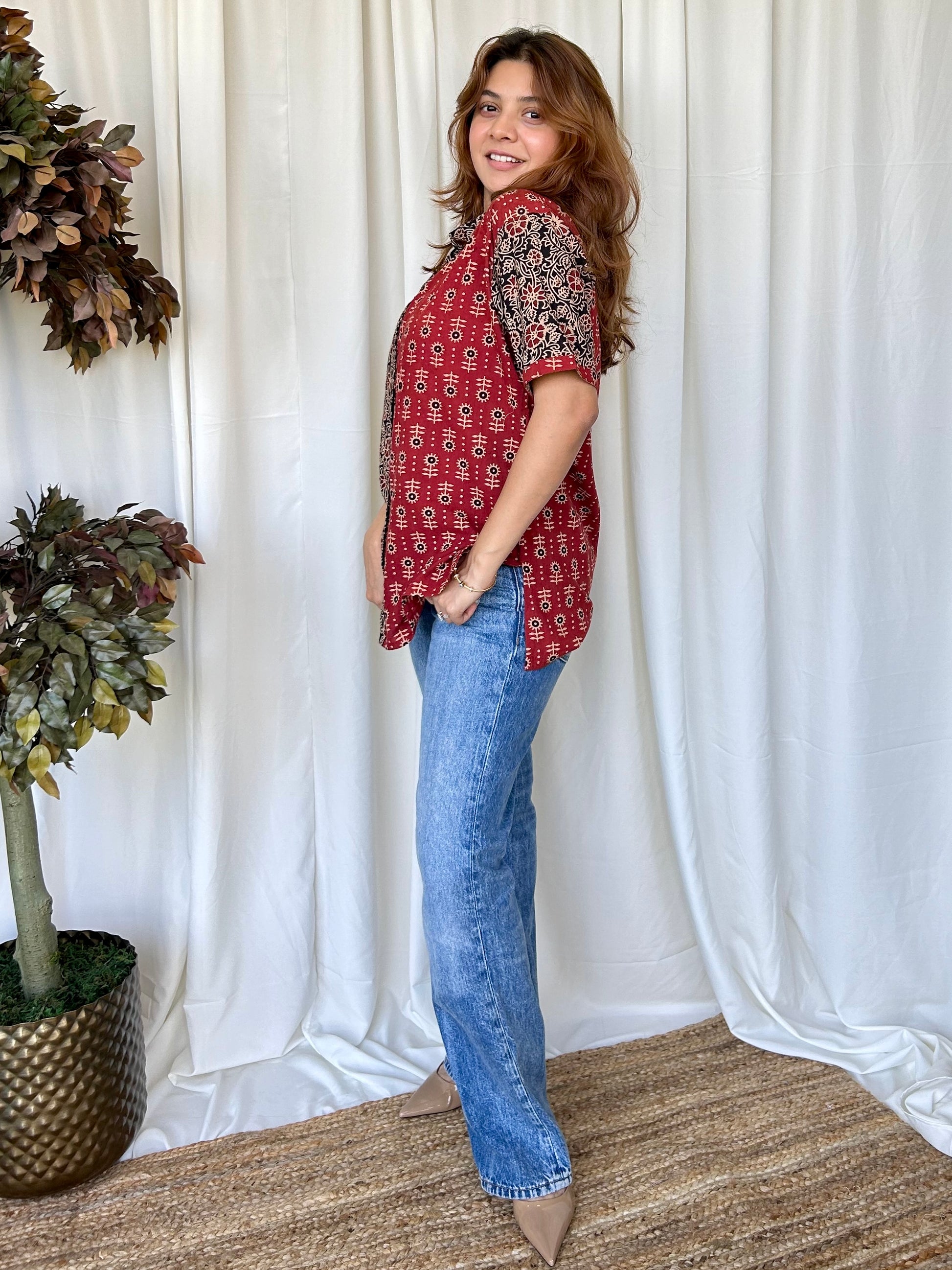 Red Ajrakh Relaxed Cotton Shirt - Desi Hart