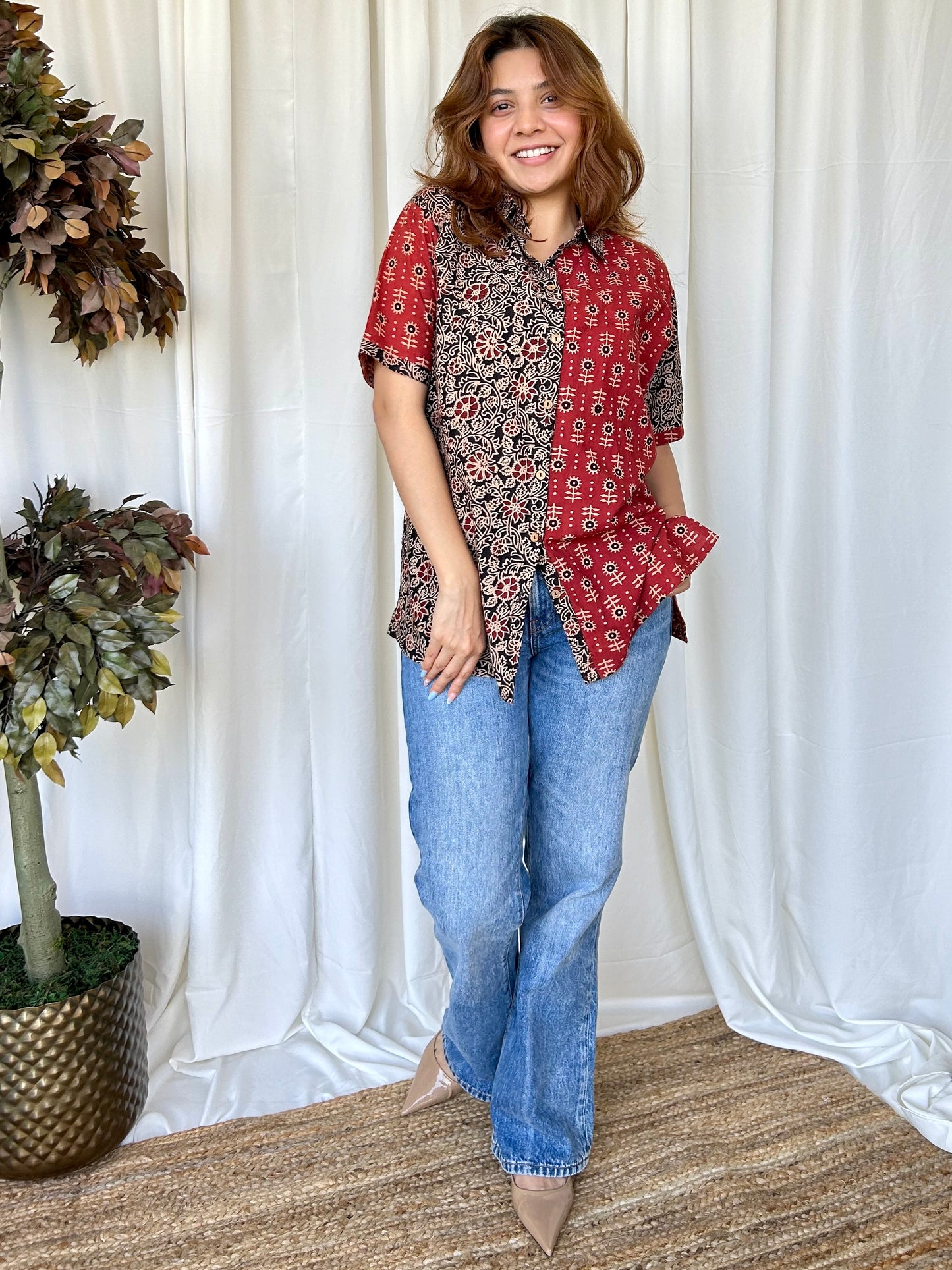 Red Ajrakh Relaxed Cotton Shirt - Desi Hart