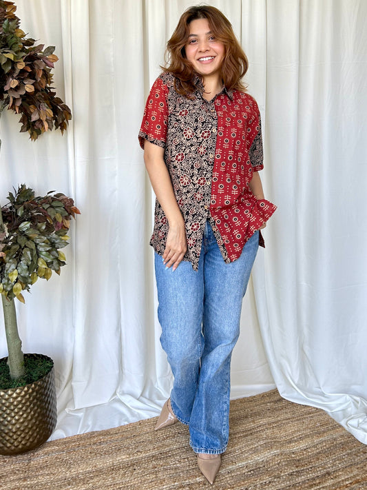 Red Ajrakh Relaxed Cotton Shirt - Desi Hart