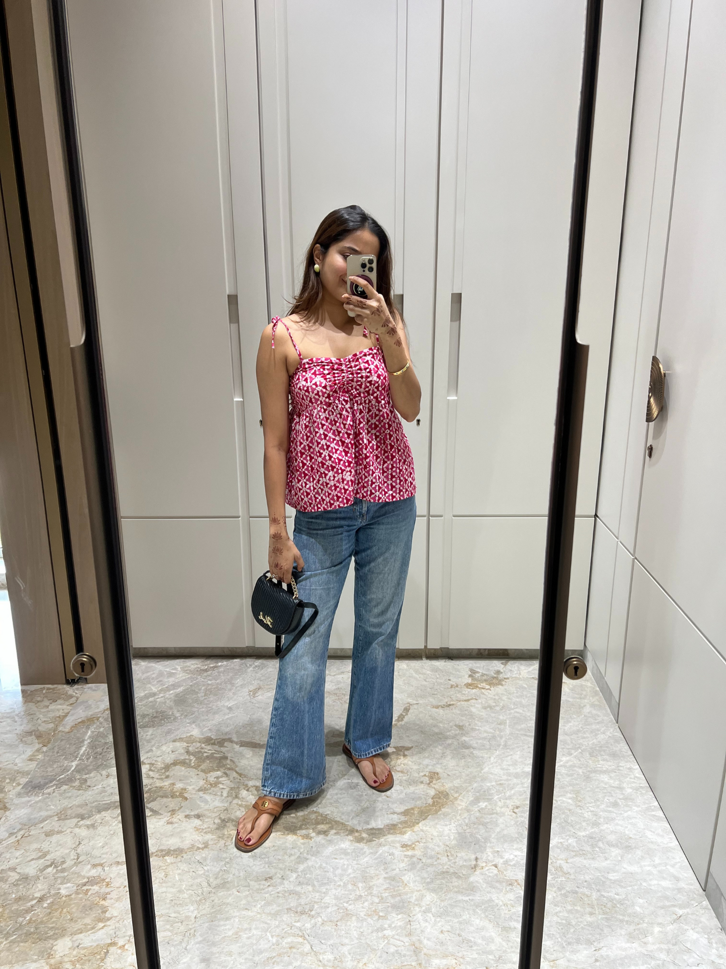 Pink Hand Block Spaghetti Cotton Short Top