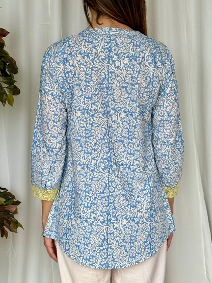 Blue Hand Block Relaxed Cotton Short Kurti - Desi Hart 