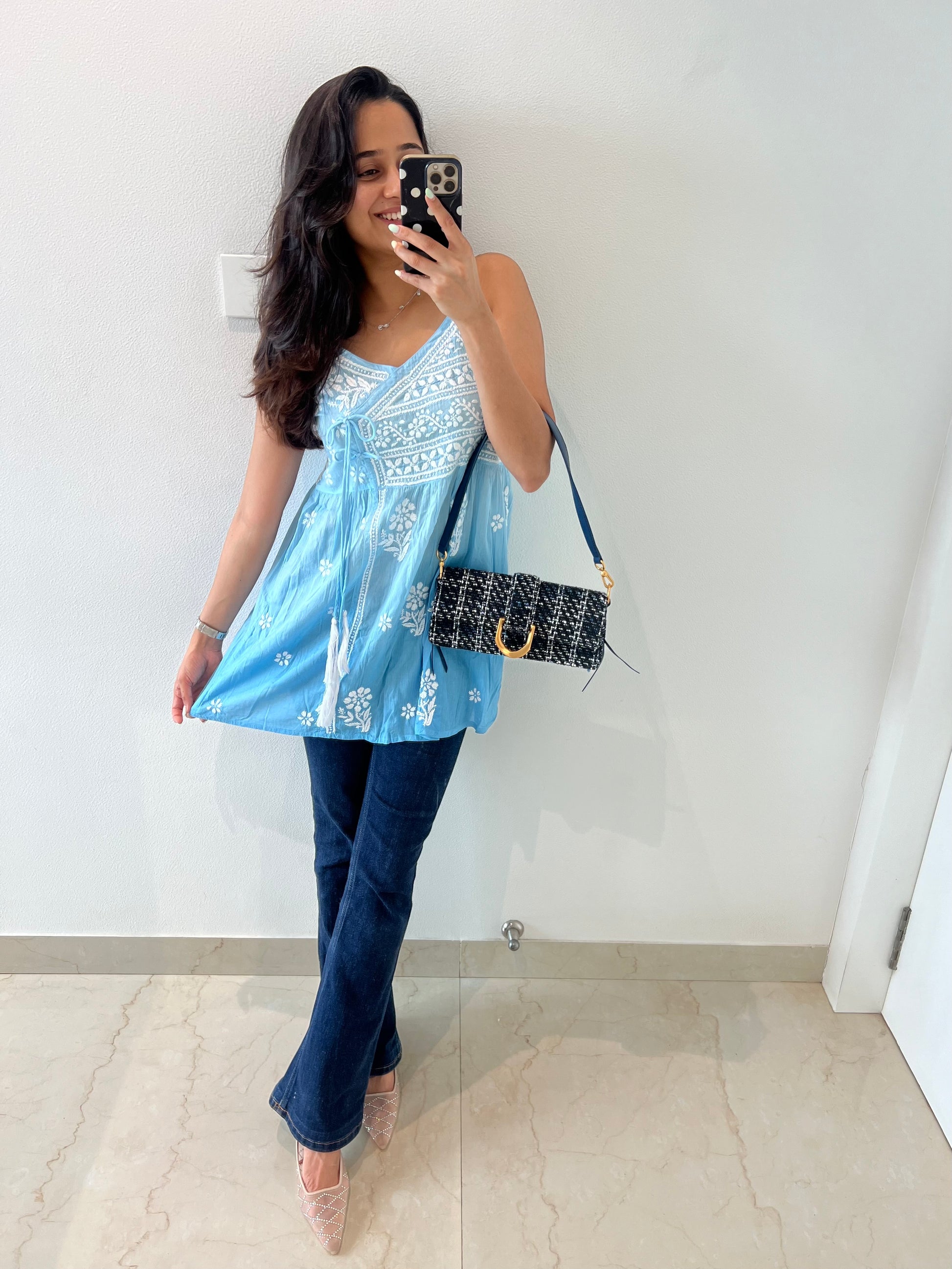 Blue Chikankari Relaxed Mul Short Top - Desi Hart 