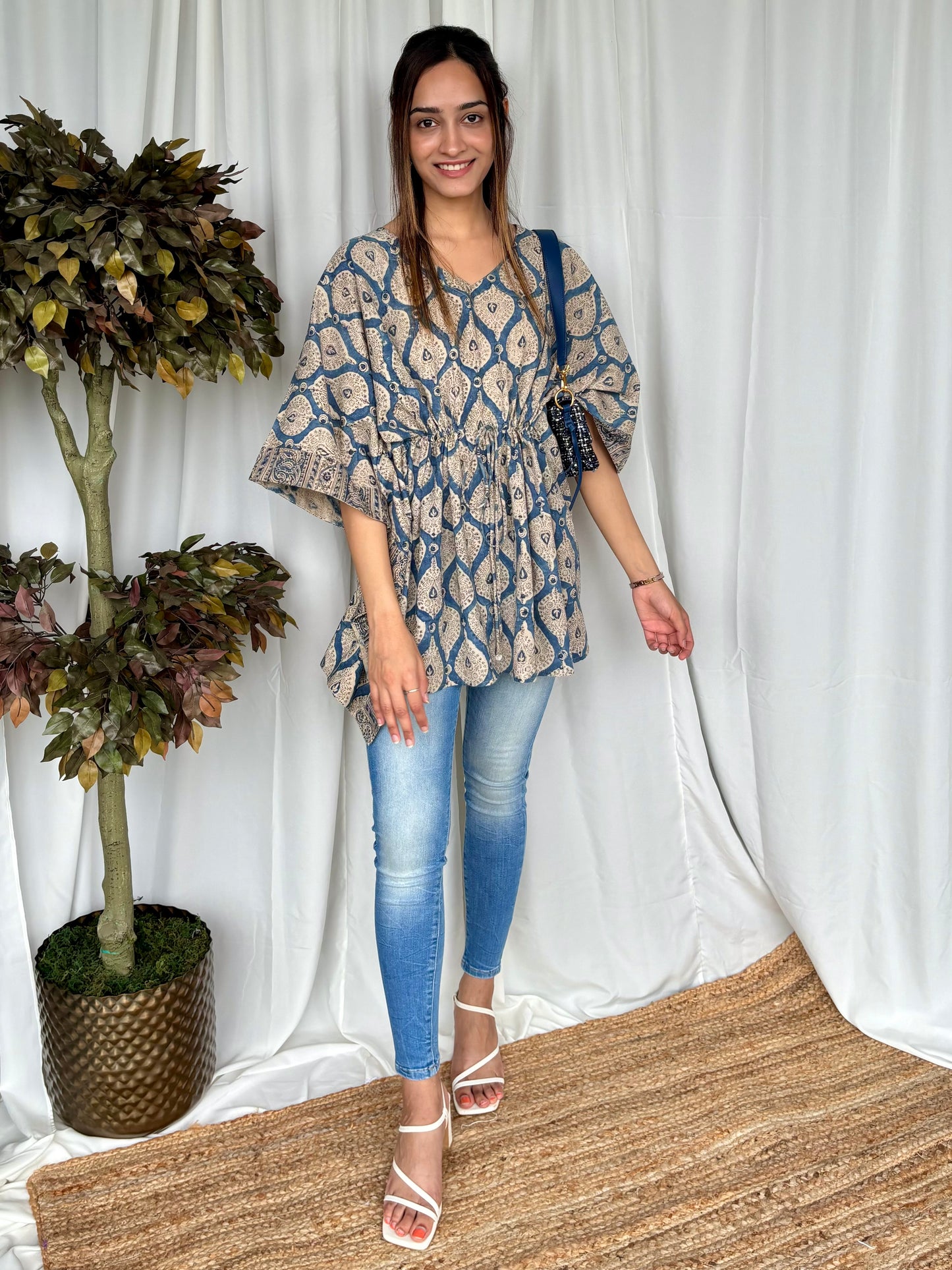 Blue Hand Block Relaxed Cotton Short Top - Desi Hart 