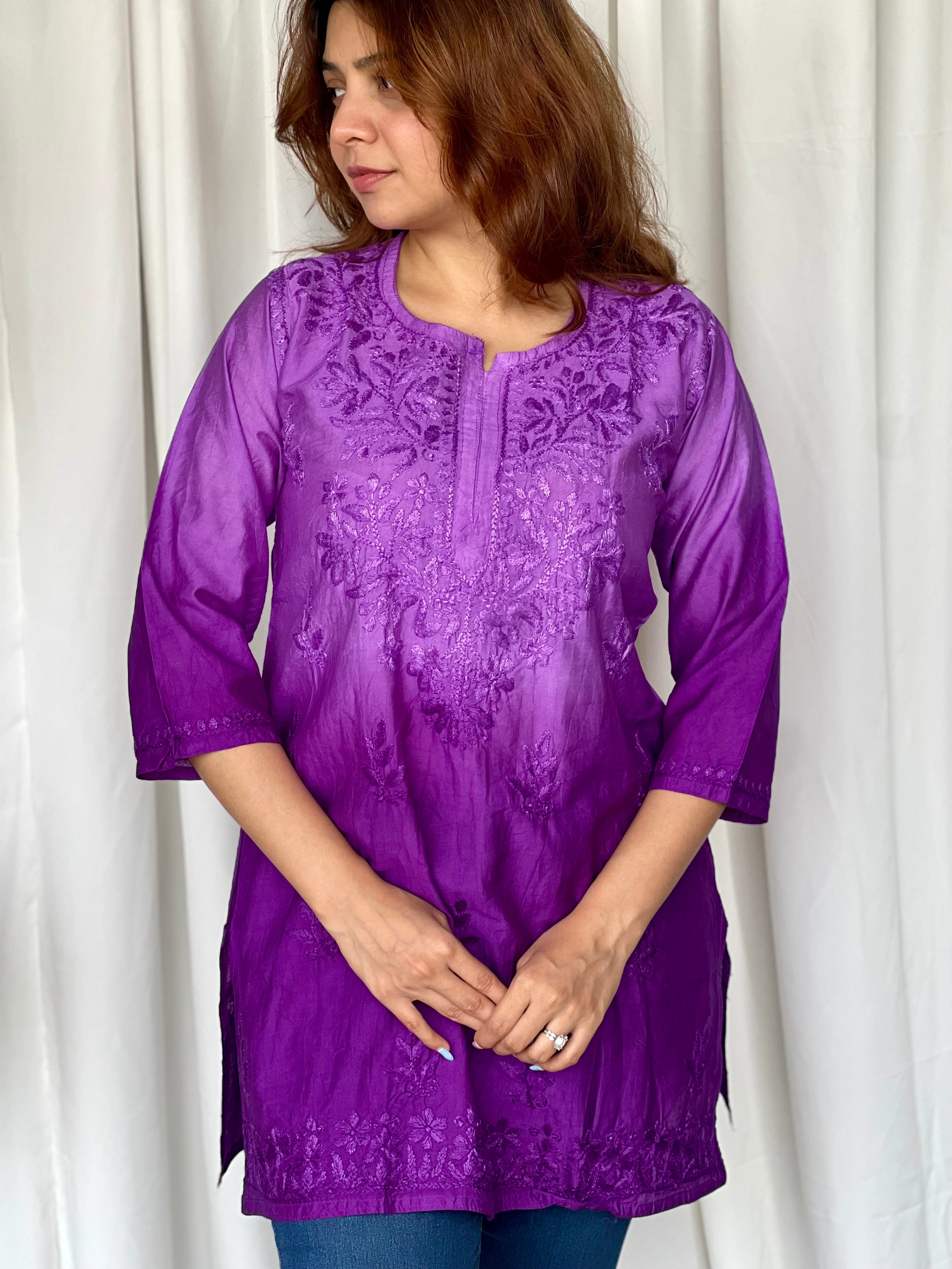 Purple Chikankari Straight Chanderi Short Kurti