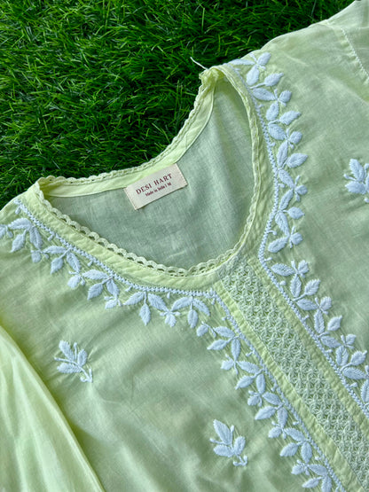 Green Chikankari Straight Cotton Short Kurti