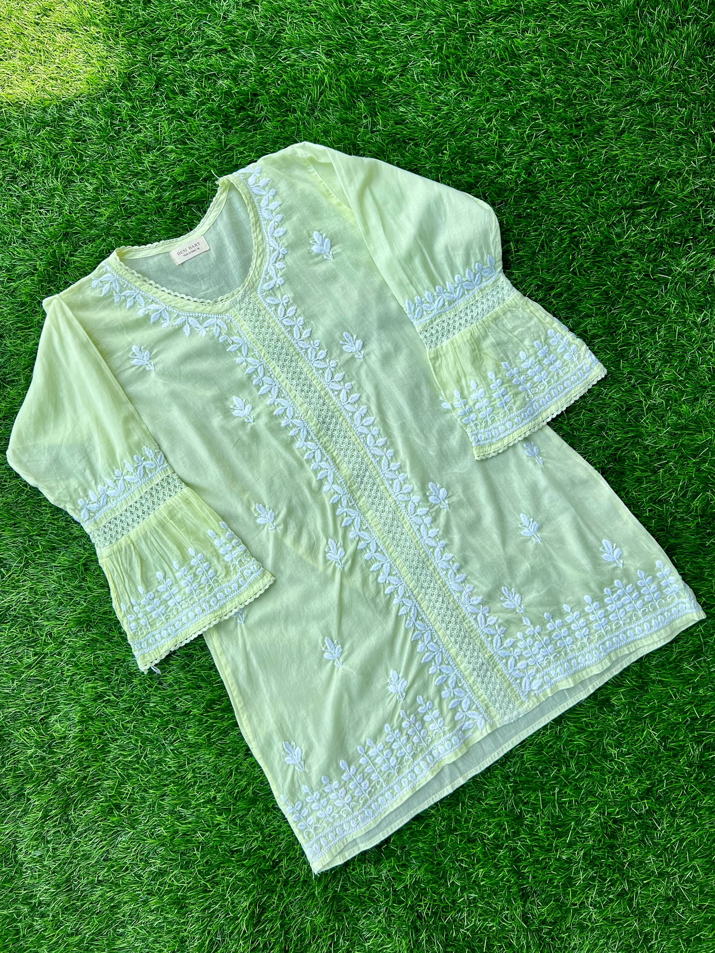 Green Chikankari Straight Cotton Short Kurti