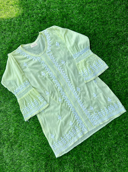 Green Chikankari Straight Cotton Short Kurti