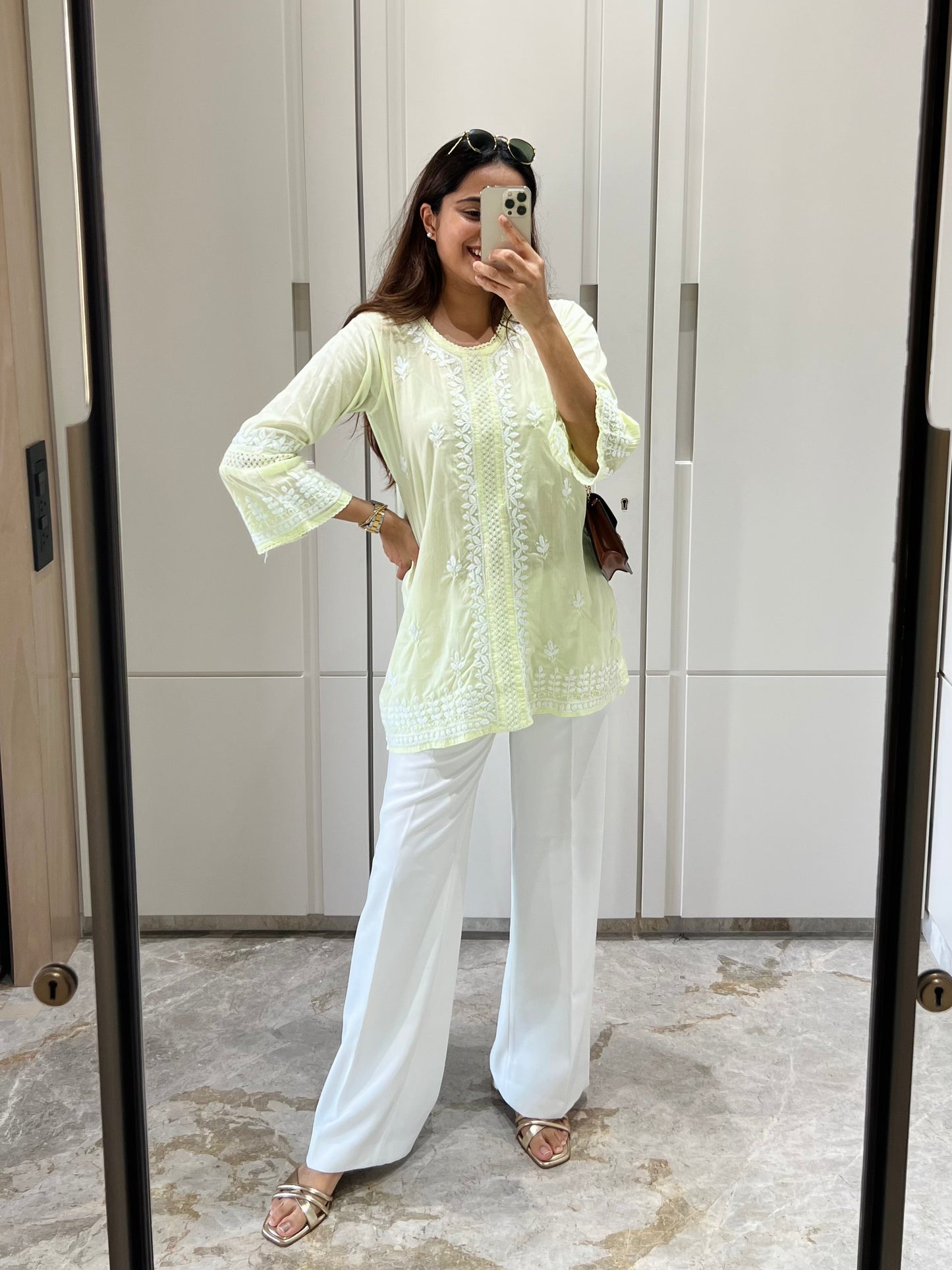 Green Chikankari Straight Cotton Short Kurti
