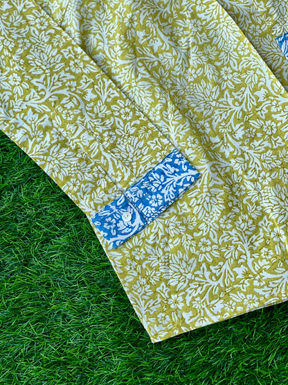 Green Hand Block Relaxed Cotton Short Kurti