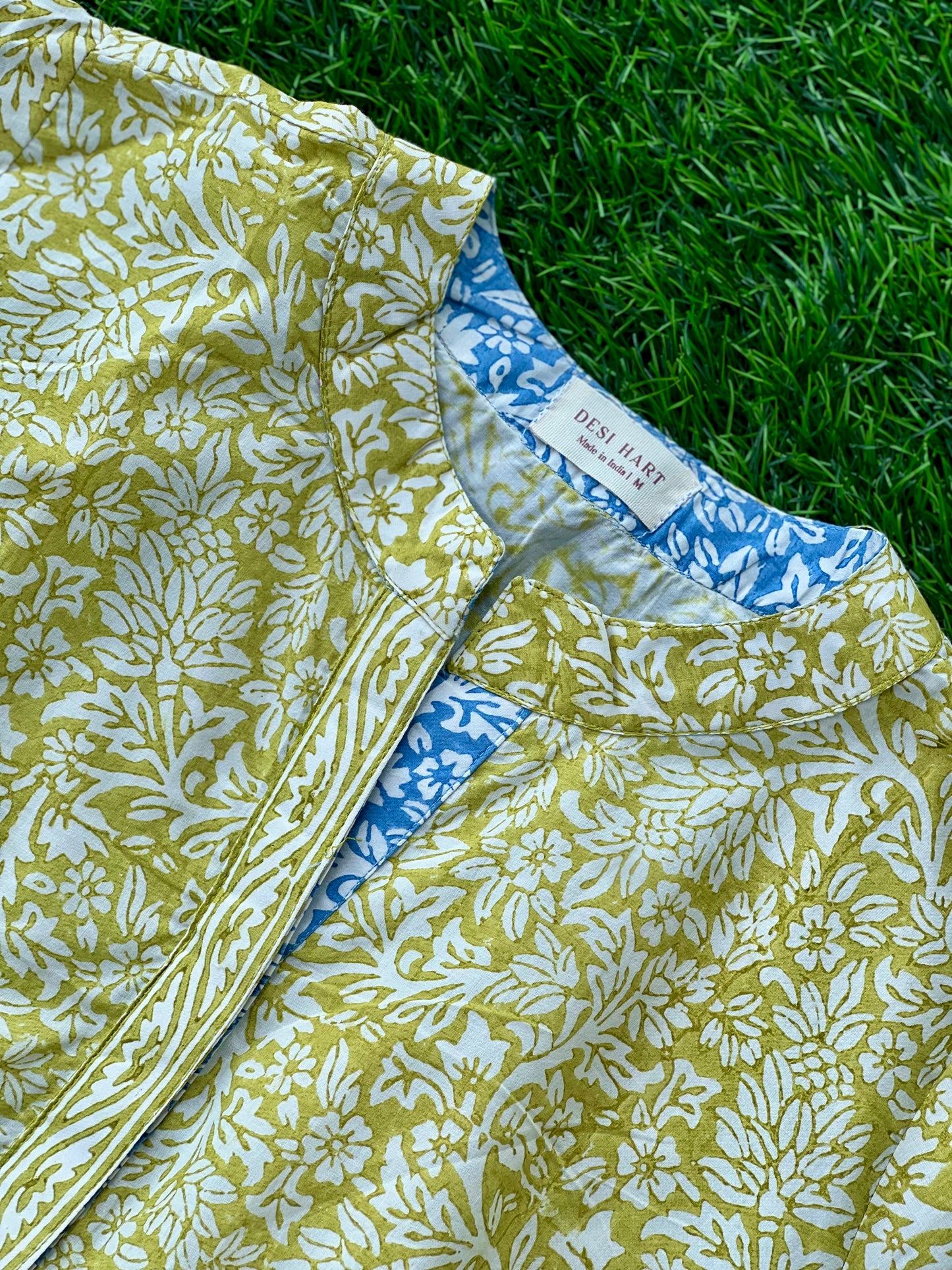 Green Hand Block Relaxed Cotton Short Kurti
