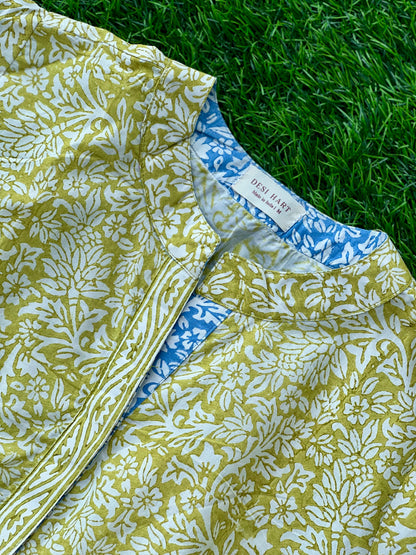 Green Hand Block Relaxed Cotton Short Kurti
