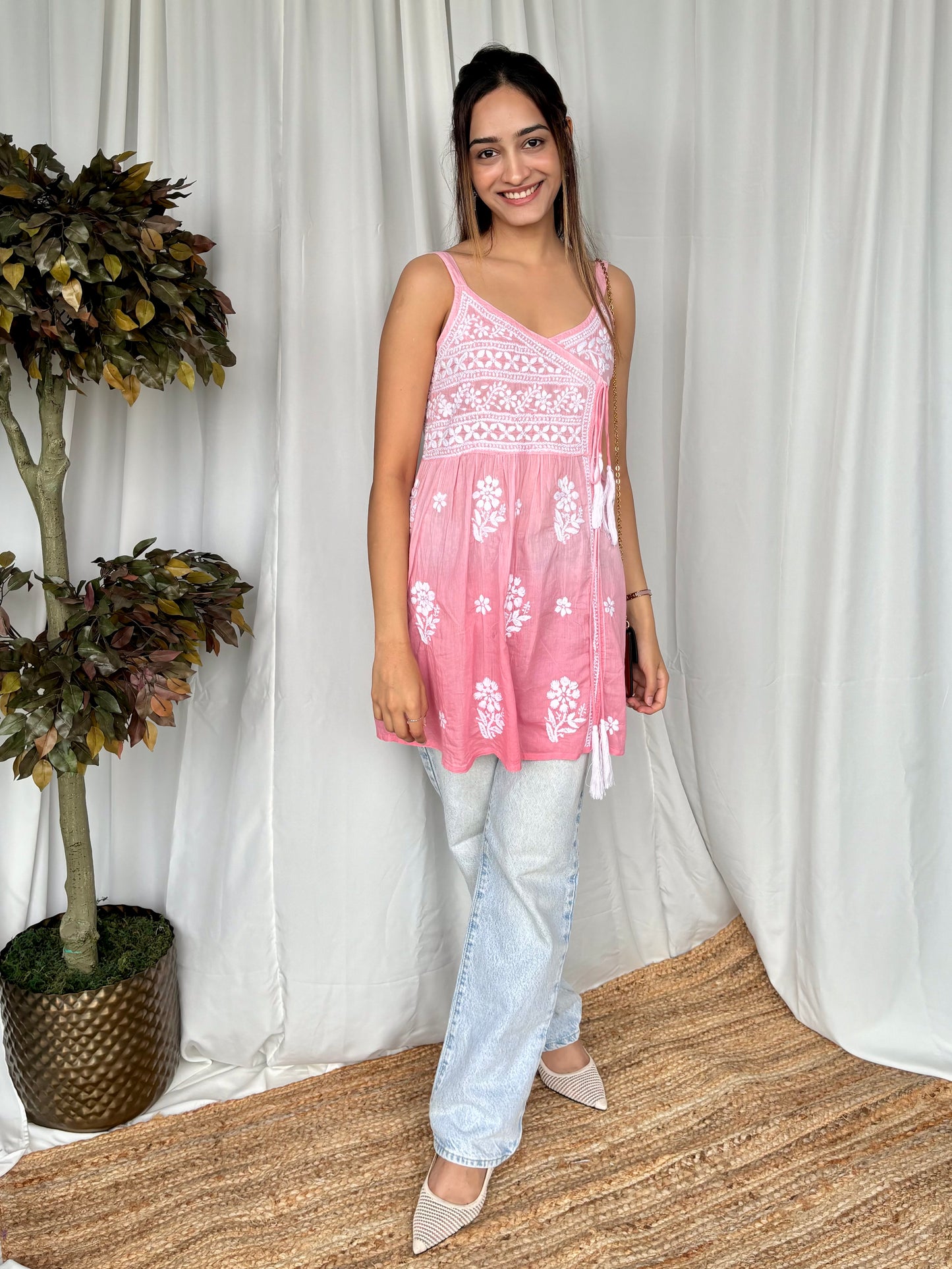 Pink Chikankari Relaxed Mul Short Top - Desi Hart 