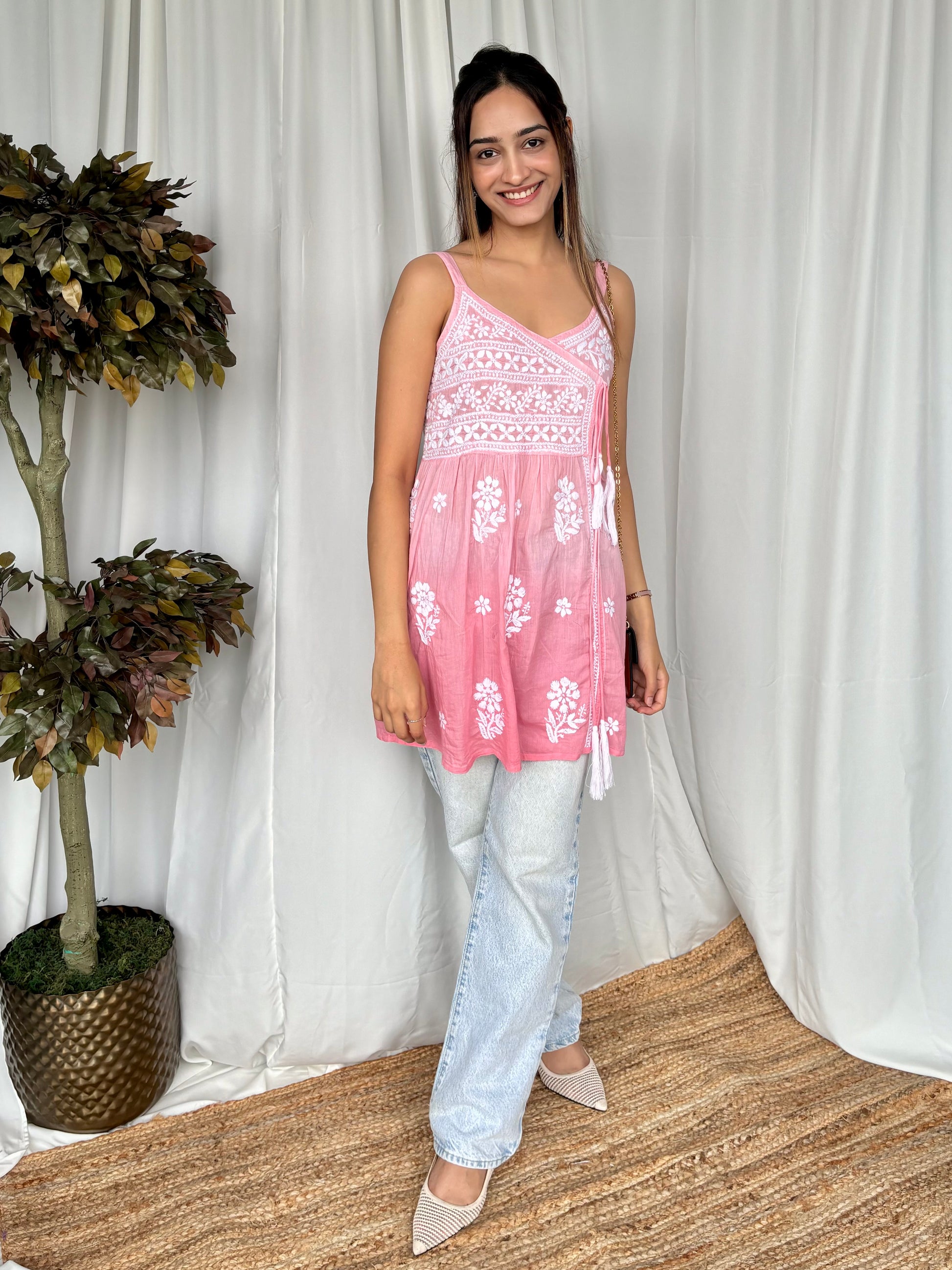 Pink Chikankari Relaxed Mul Short Top - Desi Hart 