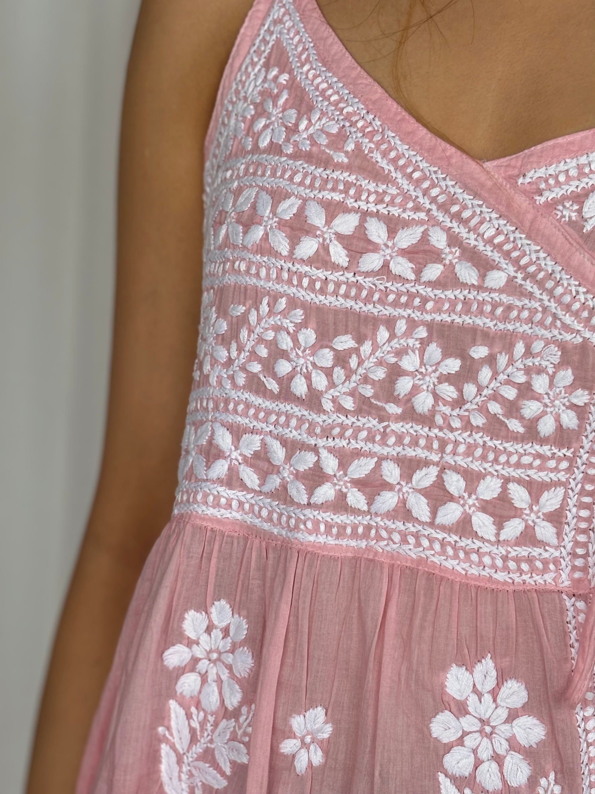 Pink Chikankari Relaxed Mul Short Top - Desi Hart 