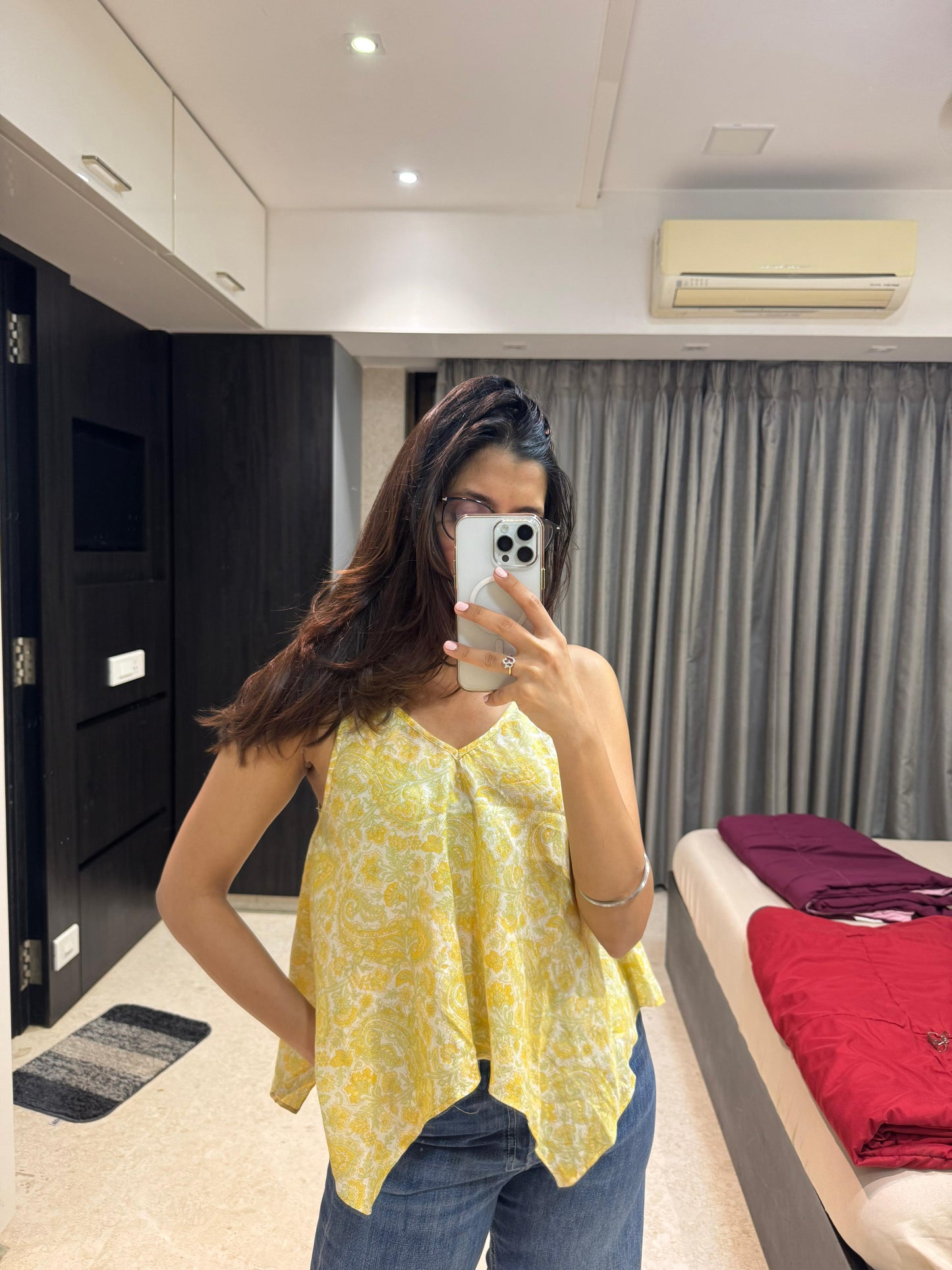 Yellow Hand Block Spaghetti Mul Short Top