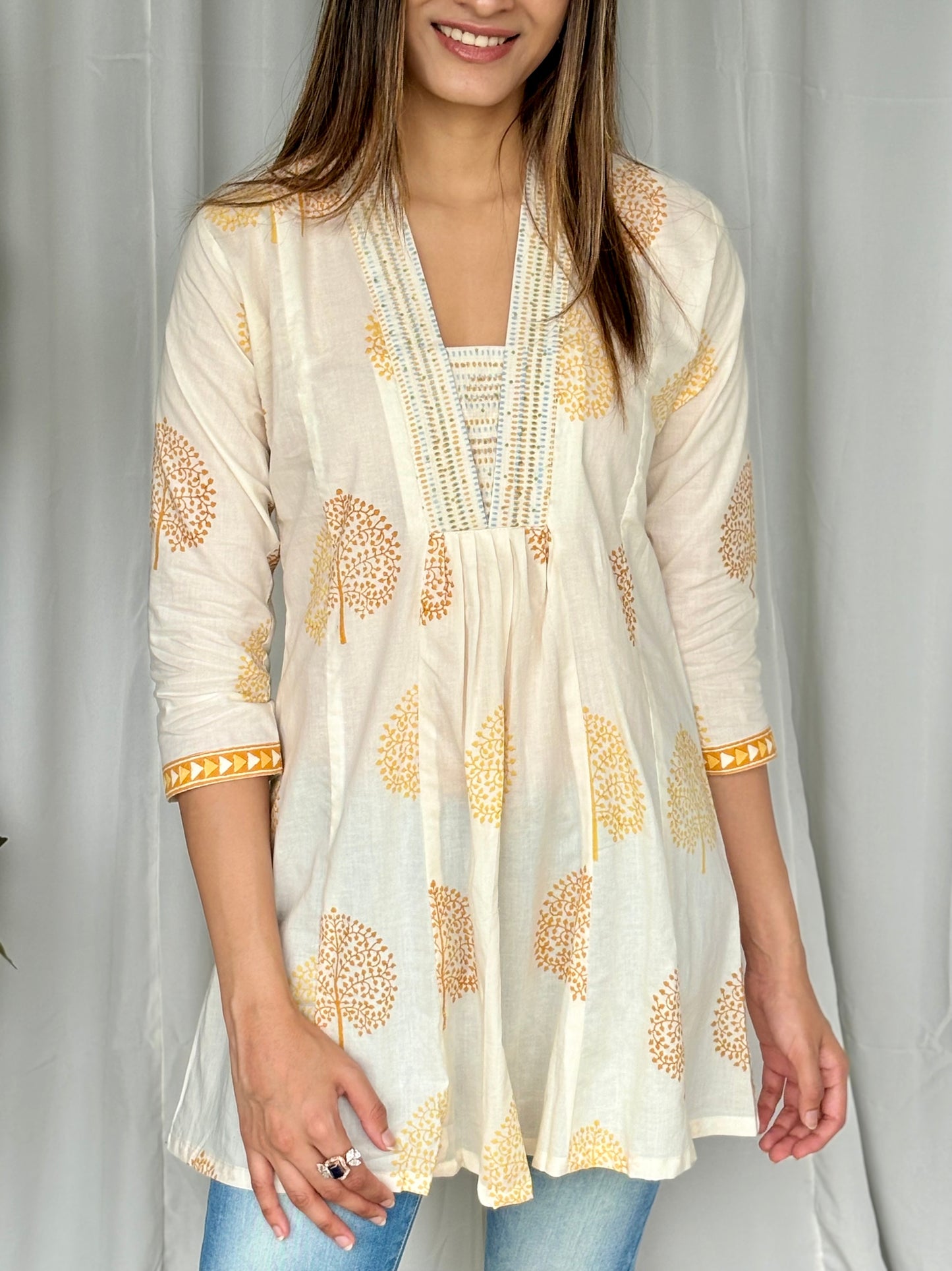 Yellow Hand Block Flared Cotton Short Kurti - Desi Hart 