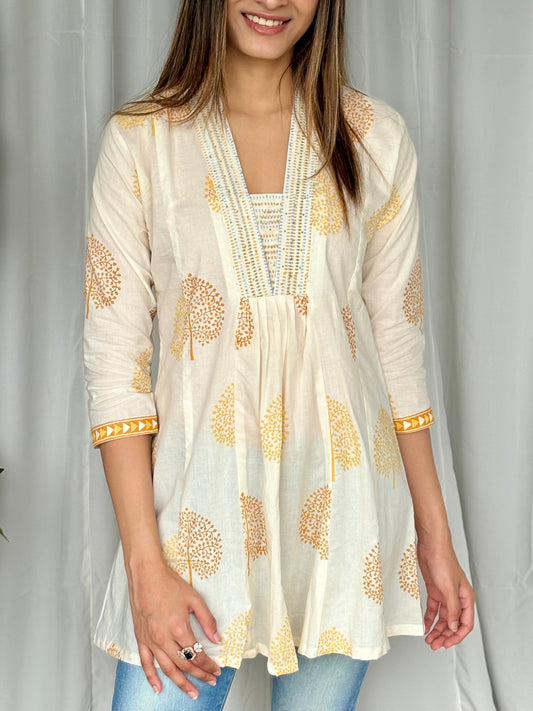 Yellow Hand Block Flared Cotton Short Kurti - Desi Hart 