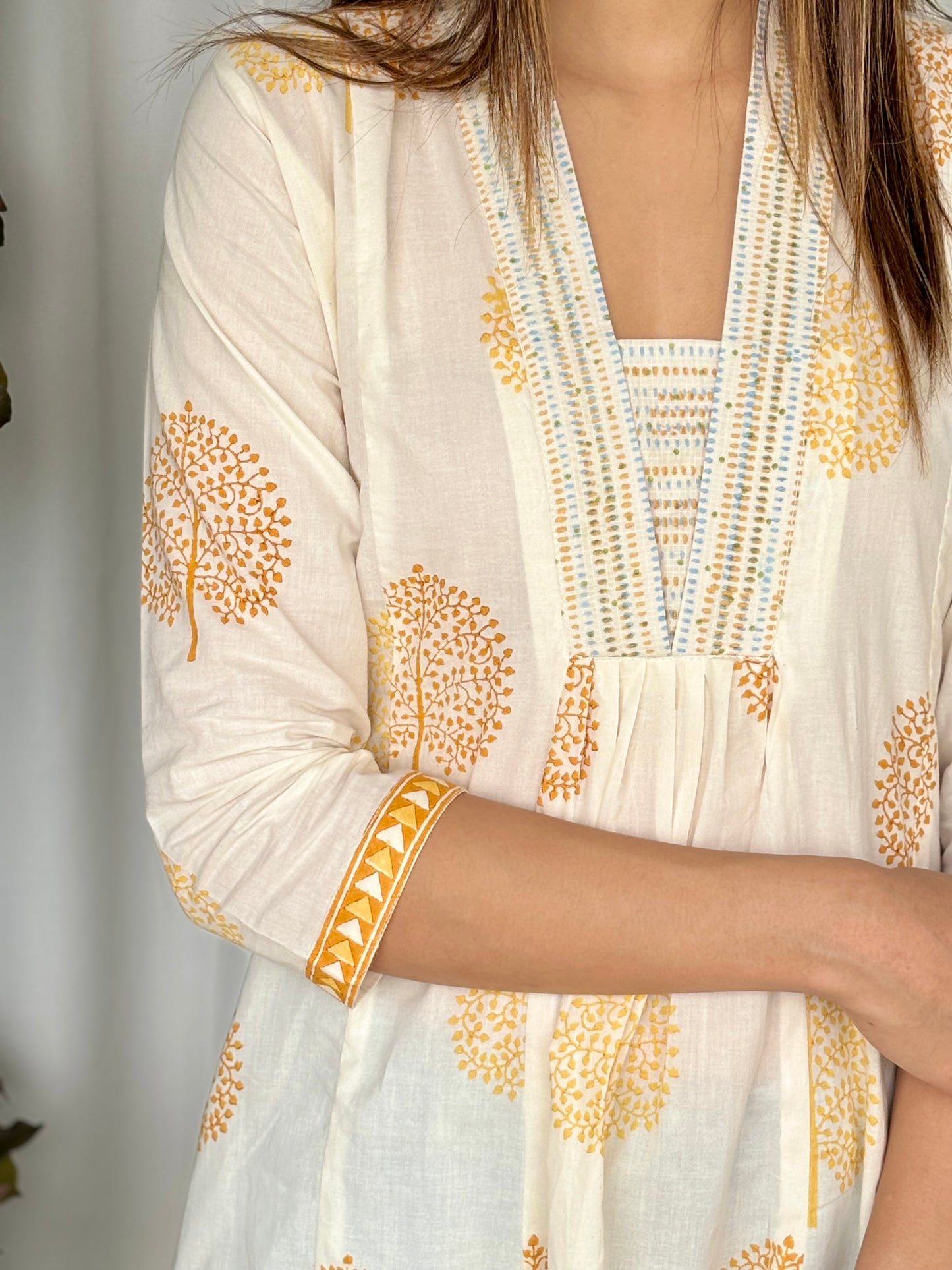 Yellow Hand Block Flared Cotton Short Kurti - Desi Hart 