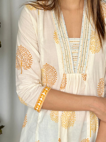 Yellow Hand Block Flared Cotton Short Kurti - Desi Hart 