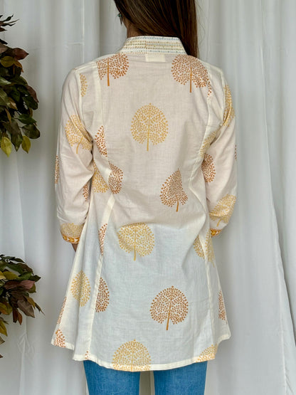 Yellow Hand Block Flared Cotton Short Kurti - Desi Hart 