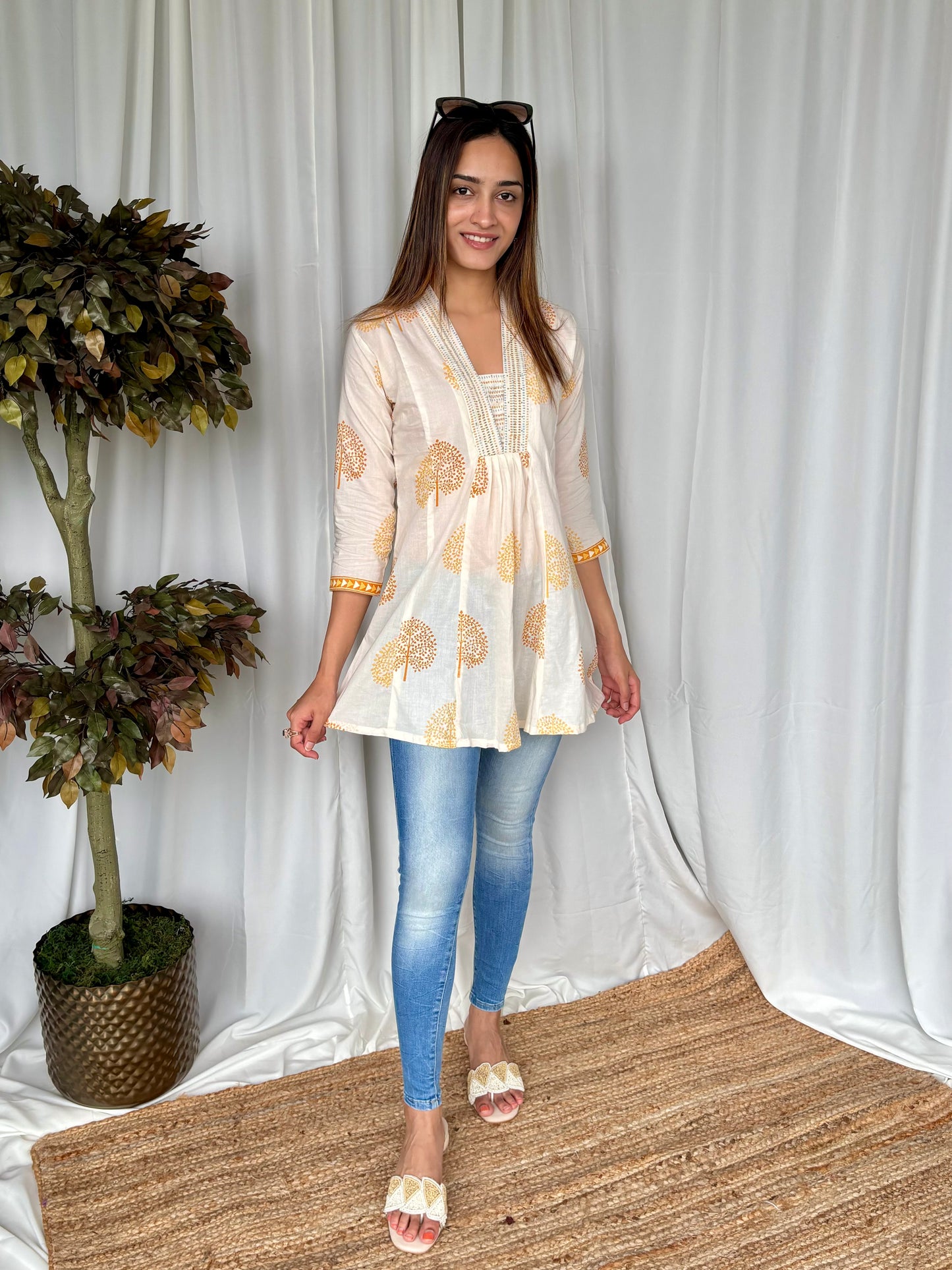 Yellow Hand Block Flared Cotton Short Kurti - Desi Hart 