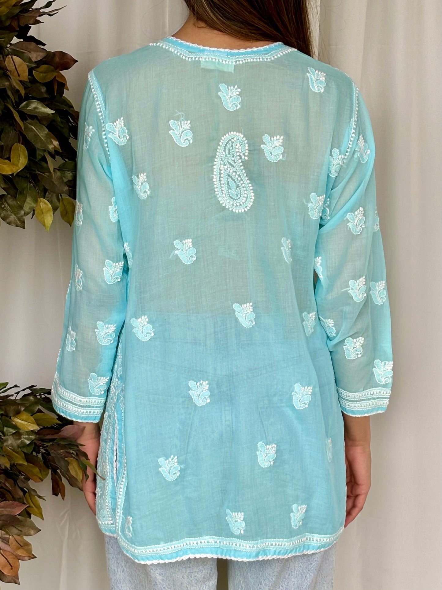 Blue Chikankari Relaxed Cotton Short Kurti
