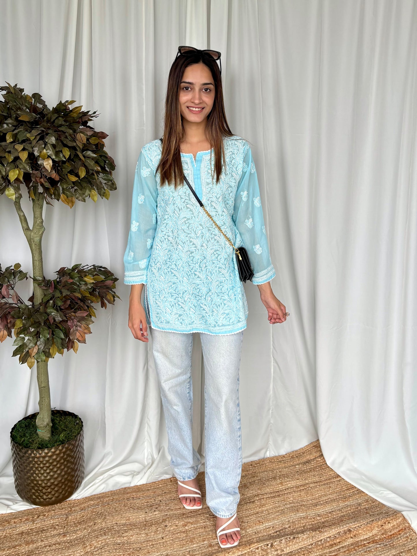 Blue Chikankari Relaxed Cotton Short Kurti