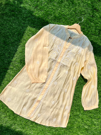 Yellow Chikankari Straight Mul Chanderi Short Kurti - Desi Hart 