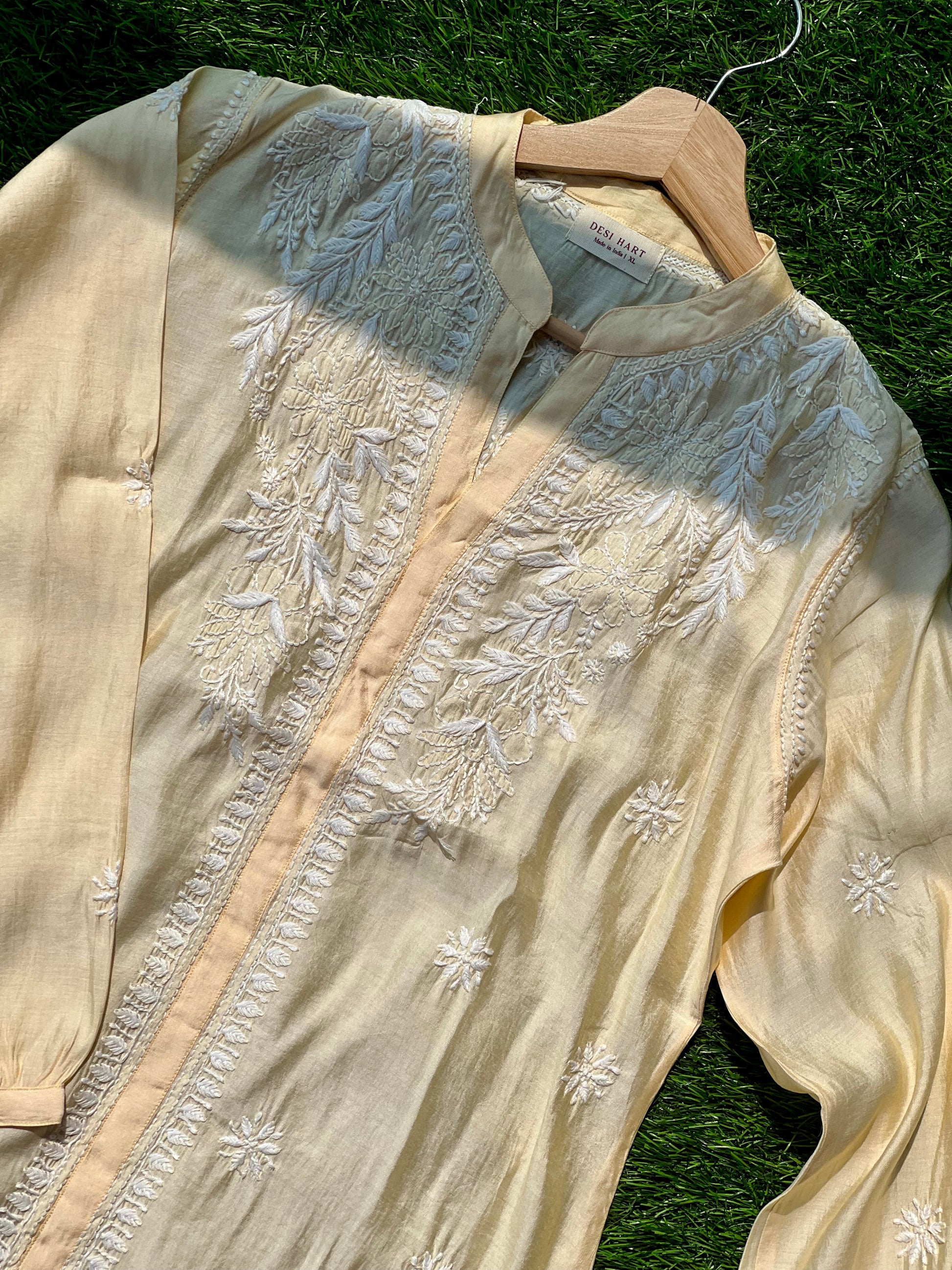 Yellow Chikankari Straight Mul Chanderi Short Kurti - Desi Hart 