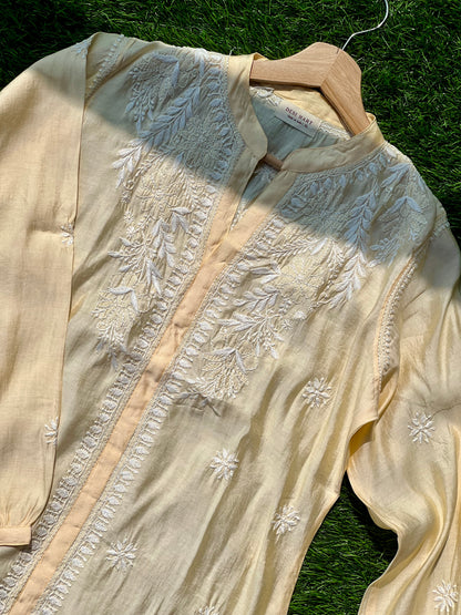 Yellow Chikankari Straight Mul Chanderi Short Kurti - Desi Hart 