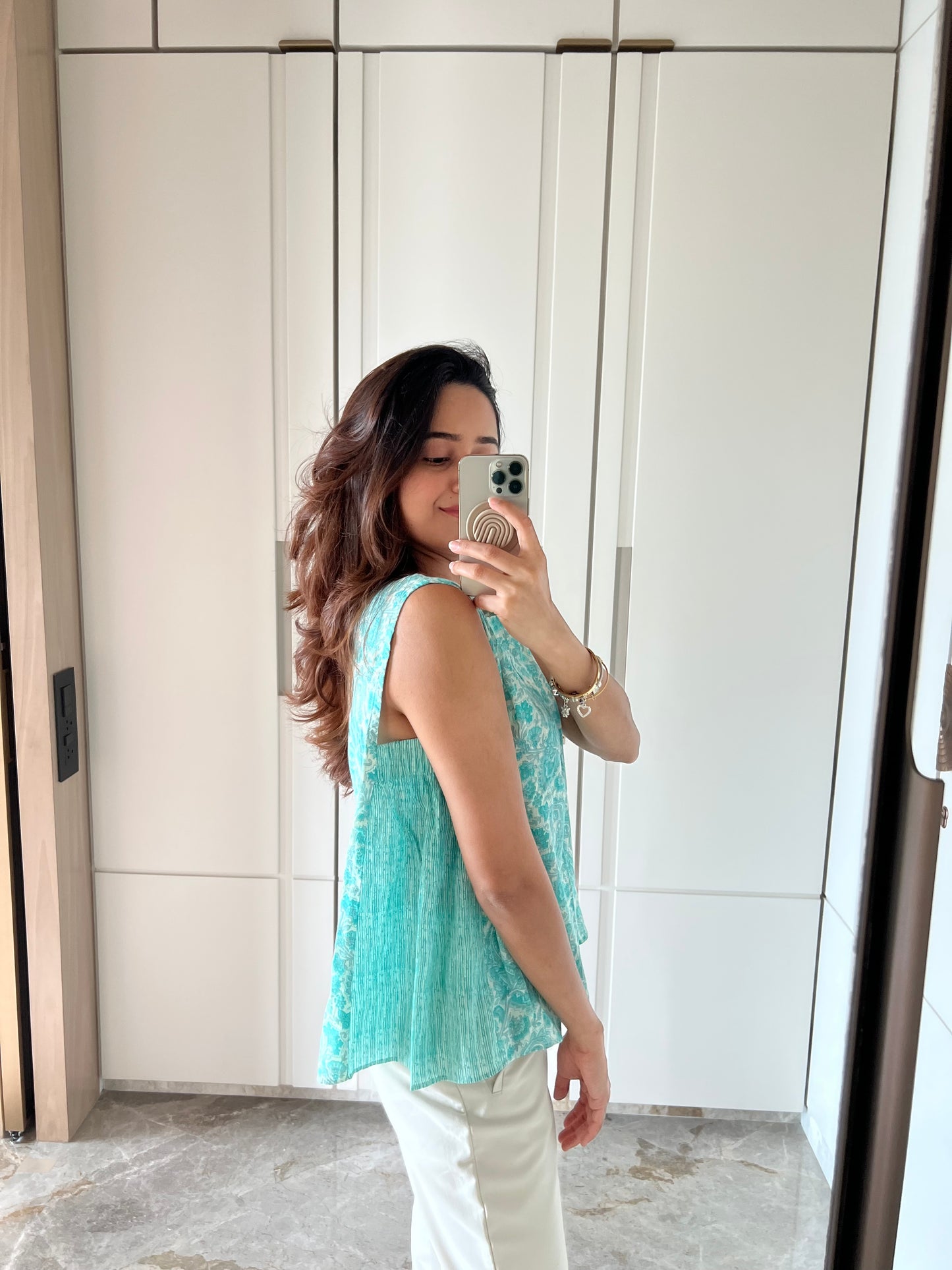Blue Hand Block Sleeveless Mul Short Top