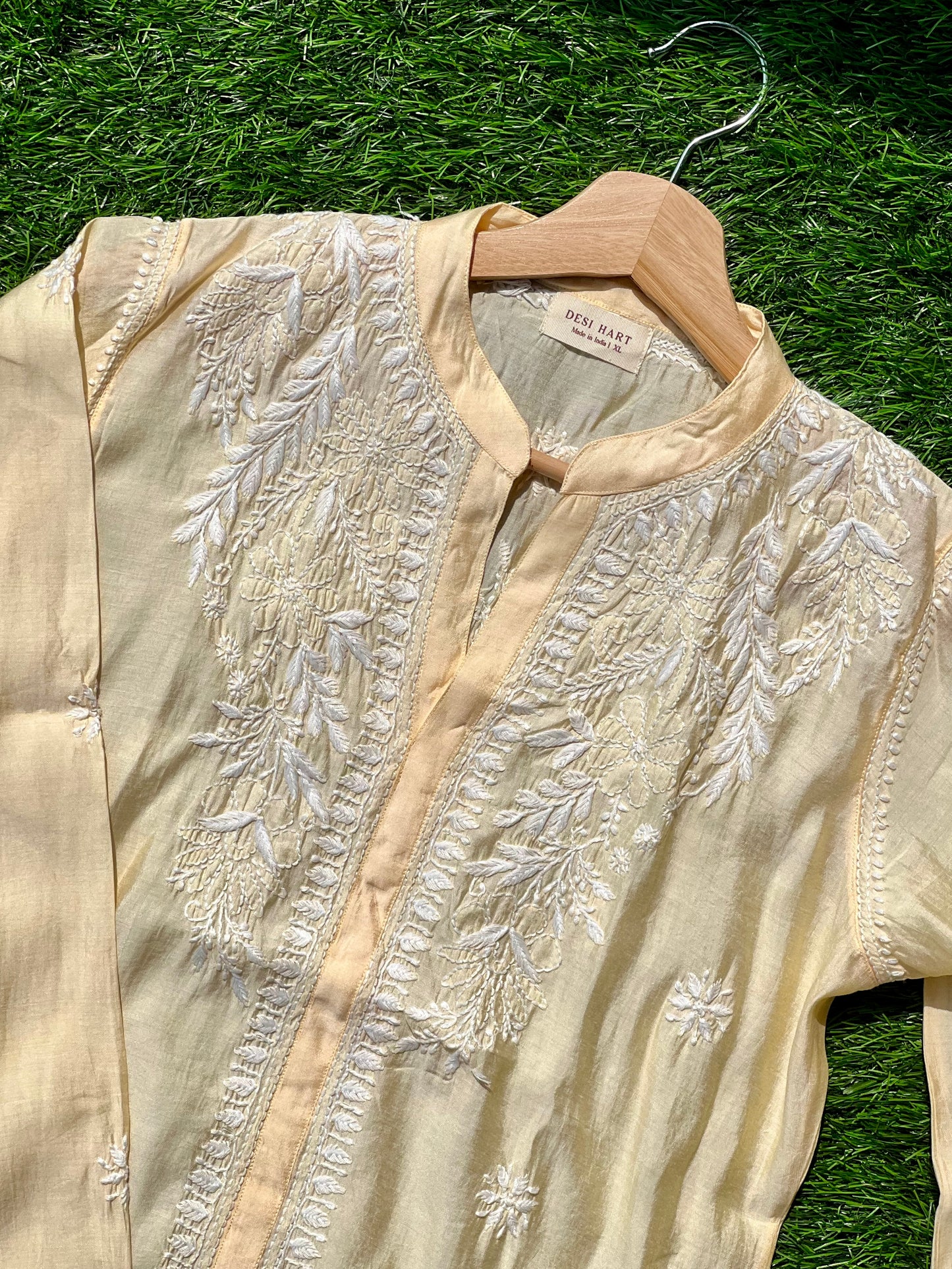 Yellow Chikankari Straight Mul Chanderi Short Kurti - Desi Hart 