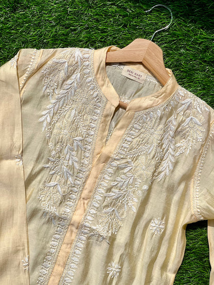 Yellow Chikankari Straight Mul Chanderi Short Kurti - Desi Hart 