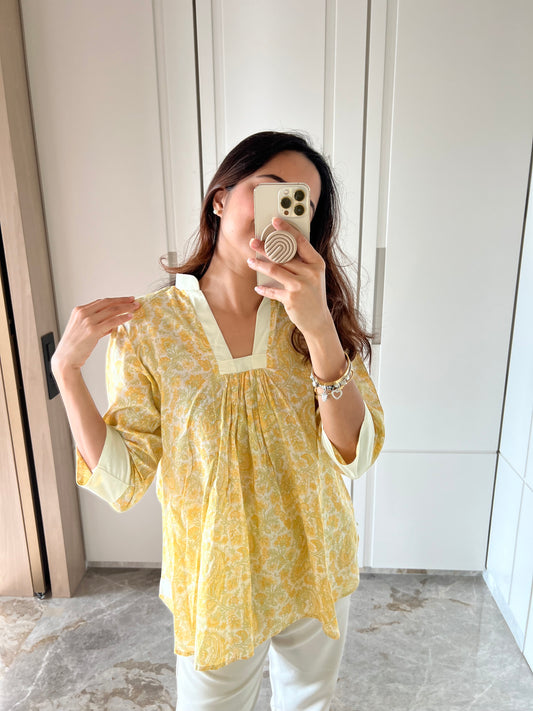 Yellow Hand Block Mul Short Top