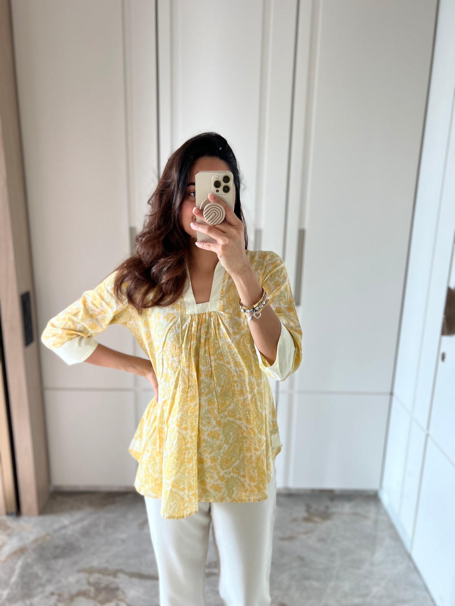 Yellow Hand Block Mul Short Top