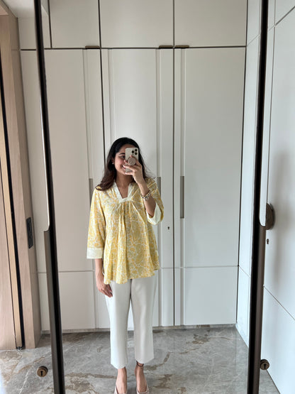 Yellow Hand Block Mul Short Top
