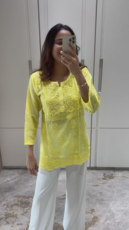 Yellow Chikankari Square Neck Straight Chanderi Short Kurti