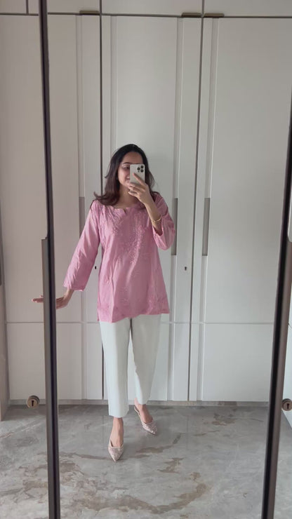 Peach Chikankari Straight Mul Short Kurti